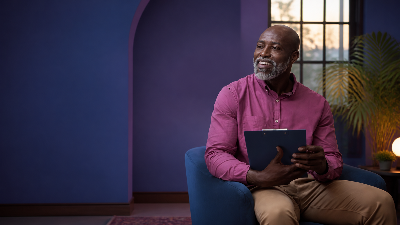 A smiling clinician holding a clipboard while seated in a warmly lit office with deep violet walls.